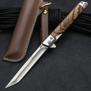 Couteau de poche pliant pour homme, couteau EDC fin avec clip, lame Tanto avec étui, couteau de gentleman discret avec manche en bois classique - Product Image 1