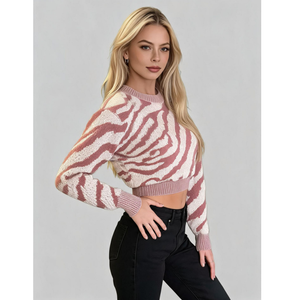 Nuovi Arrivi: Maglioni Pullover da Donna Eleganti e alla Moda in Cotone e Spandex, con Motivo a Righe Zebrate, Lavorati a Maglia, Anti-Restringimento - Product Image 2