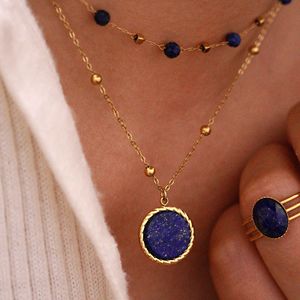Gold Plated Lapis Lazuli Pendant Necklace Women Bohemia Style Eye Charm Beaded Layered Chain Jewelry <b>Star</b> Pattern Circle <b>Design</b> - Product Image 4