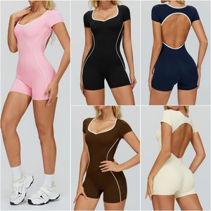 Mono Deportivo de <span class=keywords><strong>Yoga</strong></span> de Una Pieza para Mujer, Manga Corta, Espalda Descubierta, con Ribete en Contraste, Ropa Deportiva para Gimnasio, Personalizable OEM - Product Image 4