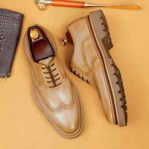 Brogue Oxfords Men Genuine Leather Pointed Toe Rubber Outsole <b>Height</b> <b>Increasing</b> Office Career All Seasons Lace-up Dress <b>Shoes</b> - Product Image 3