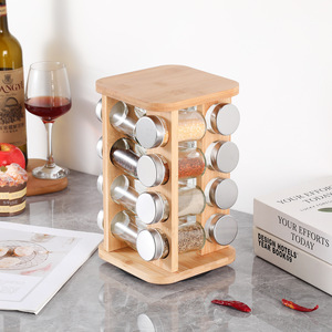 Organisateur de rangement rotatif pour épices en bambou avec 16 bocaux en verre, support de rangement pour épices sur comptoir de cuisine - Product Image 6