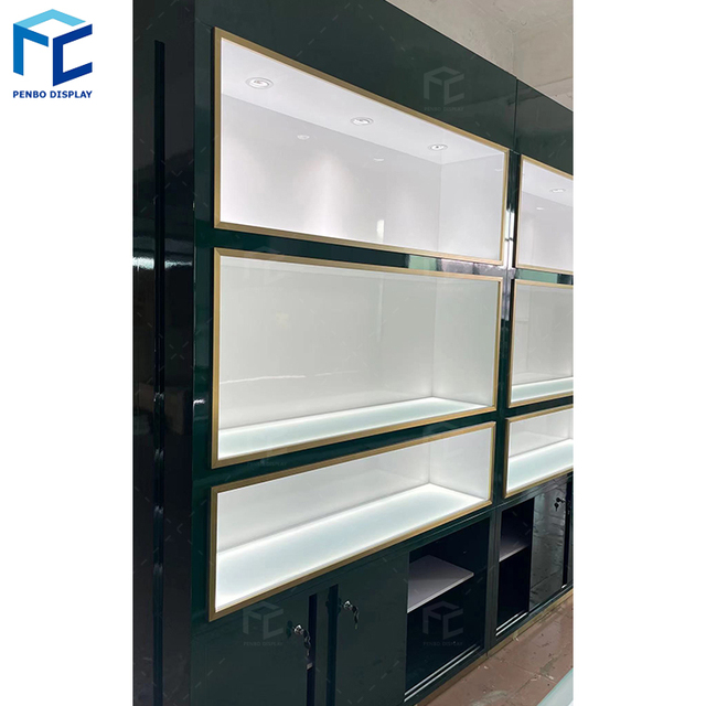 Customized Retail Store Showroom Decor Wall Mount Display Cabinet Glass Showcase for Jewelry Shop Design