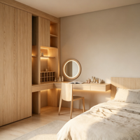 Armoire modulaire en bois massif sur mesure avec coiffeuse intégrée et miroir, design moderne pour hôtel et chambre à coucher
