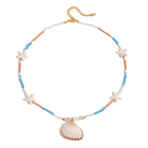 Stainless Steel Seed Bead Shell Pendant Necklace With Starfish Orange Blue Beads Resort Style - Product Image 5
