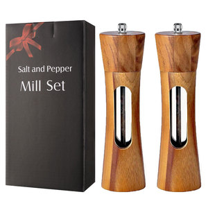 Sal madeira e pimenta moedor conjunto de 5 <span class=keywords><strong>manual</strong></span> sal pimenta e moinho de sal bandeja de madeira permanente escovas colher