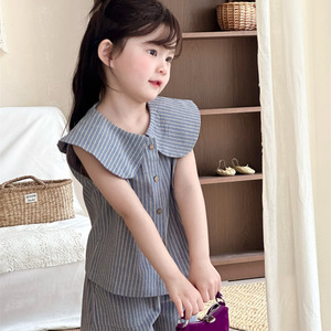 Completo Abbigliamento <span class=keywords><strong>Bambina</strong></span> 2026 Nuovo Stile Alla Moda Cotone Tuta Neonato Stile Coreano Top a Righe con Risvolto + Pantaloncini Set Due Pezzi - Product Image 3