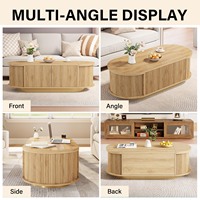 Table basse ovale à tambour cannelé avec logo personnalisé, design en bois à lattes, panneau latéral incurvé à bords arrondis, base plinthe, pour salon