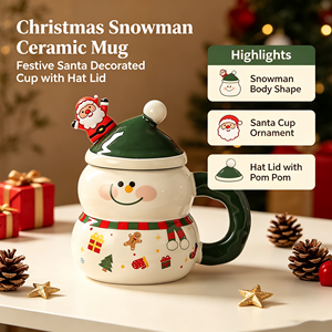 Moderne Kerstman Keramische Mok met Hoeddeksel Schattig Kerstversiering Koffiemok in Cadeaudoos voor een Feestdagcadeau - Product Image 1