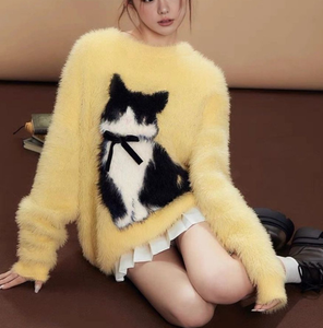2024 Spring New Arrival <strong>Women's</strong> Crew Neck Long Sleeve Jacquard Soft Sweater <strong>Jumper</strong> Casual Style Cartoon <strong>Cat</strong> Animal Design - Product Image 4