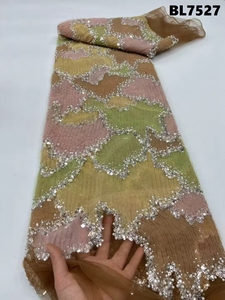 أحدث تصميم عالي الجودة أنيق شبكي مصنوع يدويًا مطرز بالخرز دانتيل فرنسي مع قماش ترتر لحفل الزفاف للحفلات - Product Image 3