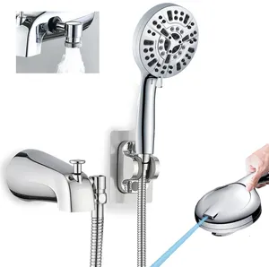 Caño de bañera de metal con desviador, 10 ajustes de ducha de mano con interruptor de pausa de encendido/apagado, grifo de bañera con rociador cromado
