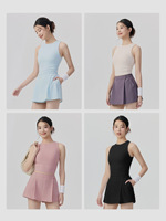 Set Olahraga Wanita Dua Potong Anti-Exposure Bernapas Kasual untuk Tenis, Pilates, dan Olahraga Luar Ruangan, Bahan Spandex/Nylon, Kerah Bulat, 4-Way Stretch