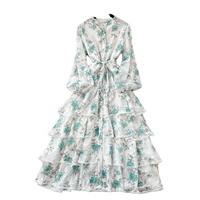 Robe longue élégante décontractée de style français pour femme, manches lanternes, ceinture à nouer, boutons simples, dentelle
