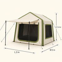Tente cabane gonflable d'été 2x2m avec auvent, fenêtres en maille sur 3 côtés, tissu Oxford 300D blanc cassé avec garnitures vertes