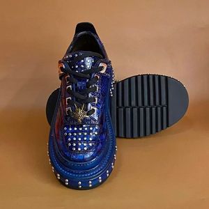 Luxury 100% Crocodile Leather Oxford <b>Shoes</b> for Men – Electric Blue <b>Gothic</b> Punk Design with Rivet Embellishments & Elevator Chunk - Product Image 1