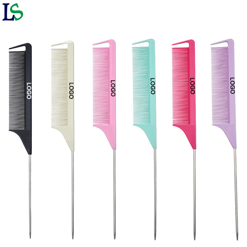 factory price salon styling hair tinting parting comb carbon braiding comb metal pin rat tail with logo