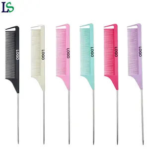 factory price salon styling hair tinting parting comb carbon braiding comb metal pin rat tail with logo