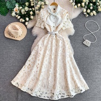 Robe élégante pour femmes WIWT, robe en dentelle rose, coupe évasée, col à nœud, manches courtes, ceinture, robe midi décontractée pour tous les jours, robe de soirée, robes décontractées