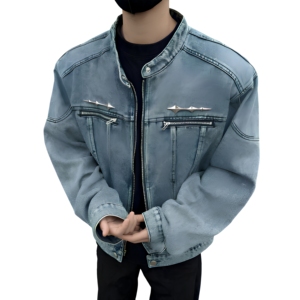 Veste en jean vintage délavée pour homme, col montant, fermeture éclair, coupe ample, style streetwear - Product Image 1