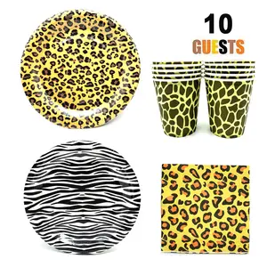 Animal Party Plate Set Paper Leopard And Zebra Printing Plates Disposable Tableware Kit Gold Party Paper Plate Set