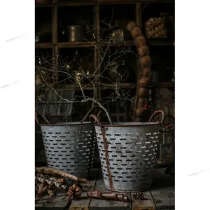 复古金属橄榄花盆农舍装饰花园庭院装饰仿古金属桶