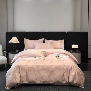 Parure de lit de luxe léger 60S en coton lavé et soie, broderie florale en relief, pliée, 300TC, portable, 4 pièces, taille King/Queen, polyester, qualité hôtelière - Product Image 4