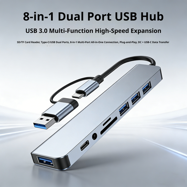 8 in 1 USB Extender with SD/TF Card Reader 3.5mm Aux Headphone Jack Aluminum Enclosure Multiport Hub USB 3.0 for Computer Laptop