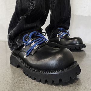 Fashion Color <b>Block</b> Shoelace Men Leather Shoes, Carabiner Decor Thick Sole Height Increase Round Toe Casual Party Leather Shoes - Product Image 1