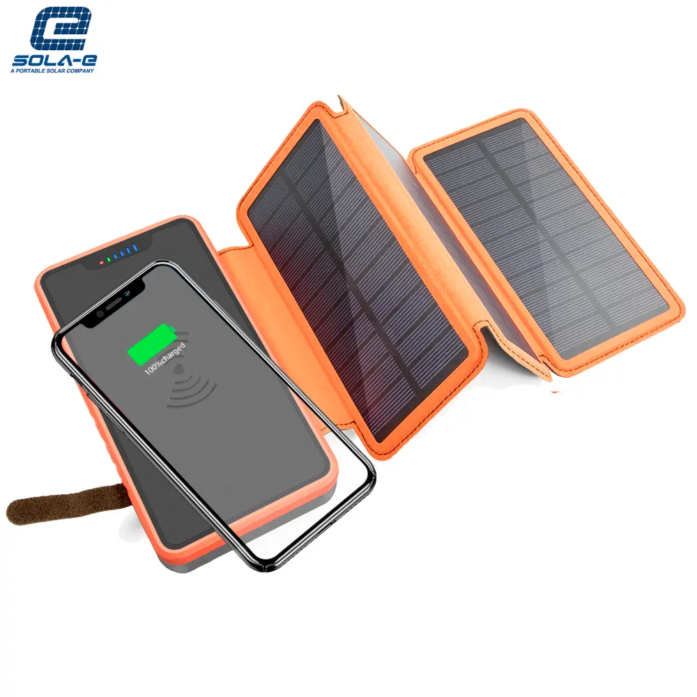 Cargador inalámbrico, cargador de seguridad, carga rápida, Panel Solar plegable con linterna, doble cable USB, Banco de energía para teléfono inteligente