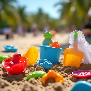 Set di 4 giocattoli da spiaggia Playa da 24 cm con pala, stampo e borsa a rete per bambini, per giocare con la sabbia - Product Image 3