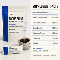 Café aux champignons avec Crinière de lion, Chaga et Cordyceps, Mélange Focus, Boisson à faible teneur en caféine pour l'énergie et le soutien immunitaire