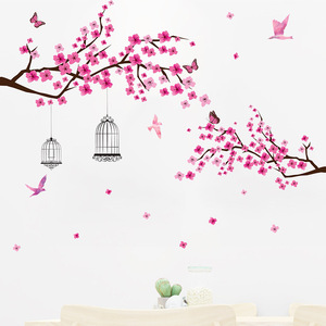 Rose pêche <span class=keywords><strong>arbre</strong></span> branches oiseau cage sticker mural salon chambre fond <span class=keywords><strong>d</strong></span>écoration papier peint PVC autocollant - Product Image 2