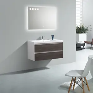 Conjunto de mobiliário do banheiro de madeira personalizado, design de luxo da parede do banheiro com espelho led