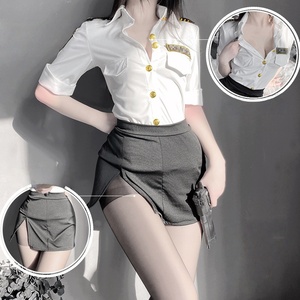 Ensemble de costumes de cosplay sexy pour femmes, chemise blanche, jupe grise avec boutons dorés, design semi-transparent, tenue de lingerie - Product Image 1