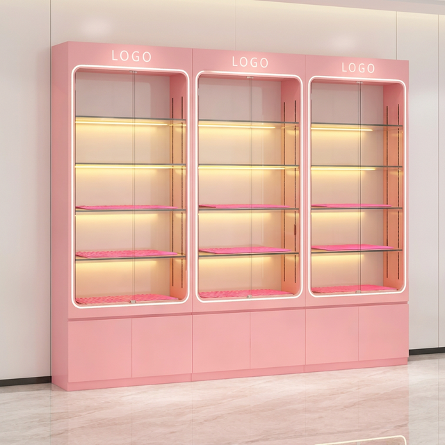 Custom Pink Glass Display Cabinet LED Lighted Cosmetic Perfume Showcase With Storage Cabinets for Beauty Shop Retail Store
