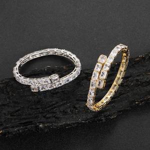 Luxury Full Eternity Baguette Cut Crystal Clear CZ Geometric Square Platinum Plated Adjustable Open <b>Bangle</b> - Product Image 6