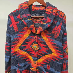 Cardigan décontracté tricoté à la machine, inspiré du sud-ouest, anti-plis, respirant, à motifs géométriques vibrants, col cranté sur le devant - Product Image 1