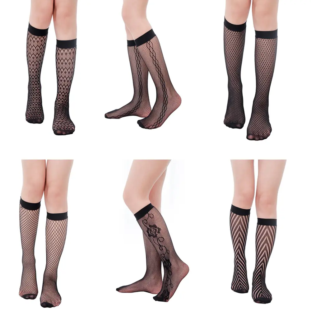 Phụ Nữ Màu Đen Ren Đàn Hồi Hollow out Lưới Vớ Vớ Mùa Hè Mặc Bền Màu Đen Fishnet Vớ Đầu Gối