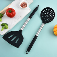 Ensemble de 15 ustensiles de cuisine en silicone avec manche en acier inoxydable, spatule noire antiadhésive, cuillère, compatible lave-vaisselle, organisateur écologique
