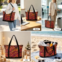 Tas Tote Kanvas Besar Gaya Hawaii Warna Oranye untuk Wanita, Tas Selempang dengan Kantong Laptop & Saku, Tas Serbaguna untuk Perjalanan dan Kerja