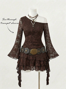 Custom <strong>Plus</strong> <strong>Size</strong> Brown Lace One Shoulder Mini Dress Tiered Ruffle Bell Sleeve Sexy Bodycon Western Cowgirl Cottagecore Summer - Product Image 2