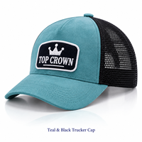 Casquette de camionneur promotionnelle personnalisée OEM ODM avec patch brodé, face en daim, dos en maille respirante et fermeture à pression réglable