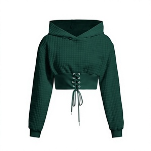 เสื้อฮู้ดครอปผู้หญิง แขนยาว ผ้าวาฟเฟิล แต่งเชือกผูกด้านหน้า สีพื้น ผ้าถักนิตติ้ง ผ้าฝ้าย ระบายอากาศได้ดี สวมใส่สบายๆ สำหรับฤดูใบไม้ร่วง - Product Image 1