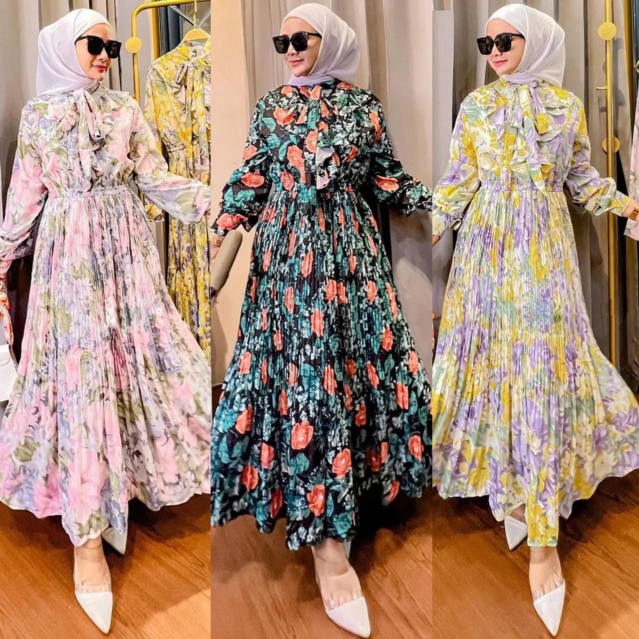 Desain baru sederhana wanita Muslim Timur Tengah Floral Gaun panjang berkerut Malaysia Indonesia gaun sifon