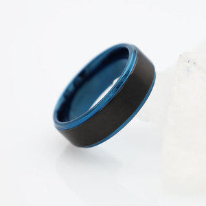 Tungsten Steel Ring Matte Black Blue <b>Brushed</b> Men's Wedding Band Geometric <b>Round</b> Design - Product Image 4