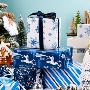 Original navy blue Christmas snowflake reindeer Santa Claus blue-striped copper plate <b>paper</b> <b>packaging</b> <b>paper</b> - Product Image 1