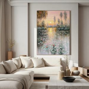 Pintura Moderna al Óleo sobre Lienzo Hecha a Mano, Arte Impresionista con Motivo de Atardecer y Flores, para Hogar y Galería - Product Image 2