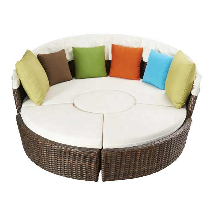 Outdoor Brown Hotel Beach Exterior Pool Wicker Aluminum Sunbed Patio Garden Round Rattan Daybed with Canopy