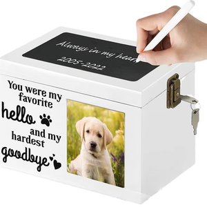 Houten urn voor huisdieren, modern, ecologisch, met fotolijst & gravure, voor de as van een gecremeerde hond, als herinneringsstuk - Product Image 1